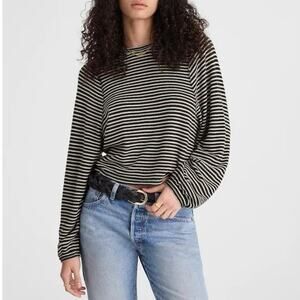 NWT Madewell Striped Curved Long-Sleeve Tee Jet Black and White Stripe Size XS